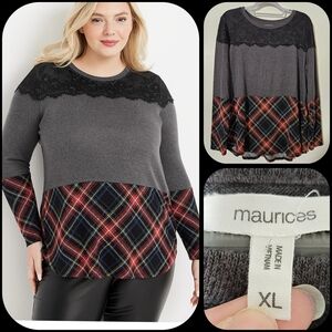 SIZE XL	MAURICES lace trim plaid colorblock mixer tee